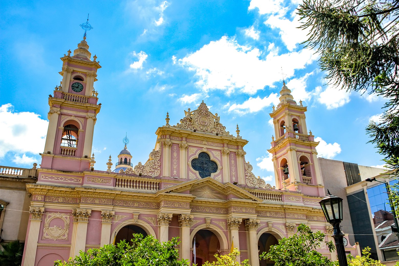 View on the Cathedral Basilica of Salta, Argentina, South America on a sunny day.